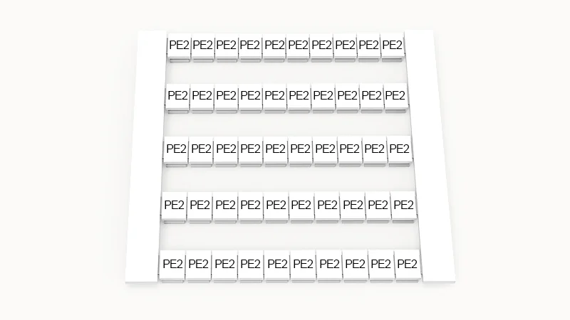 Марк. кассета DEK5-50P-19-154Z(H) - Маркировочные шильдики для клемм WS…, сечением 2,5 мм кв., боковая, 50 шильдиков, нанесенные символы: PE2, по 5 полосок,с вертикальным расположением, размер шильдика: 4,8х5,5 мм, цвет белый