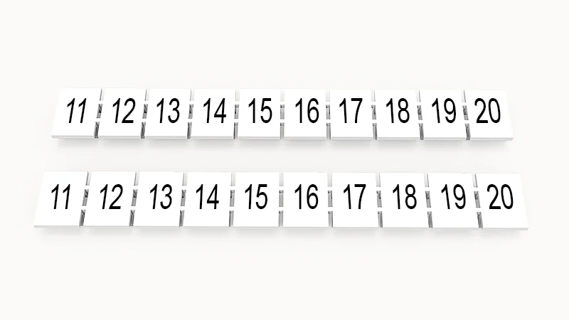 Марк.  полоска ZB8-10P-19-02Z(H) - Маркировочные шильдики для клемм WS…, DC…, PC…, сечением 6 мм кв., центральная, 10 шильдиков нанесенные символы: 11-20, с вертикальным расположением, размер шильдика: 7,45х10,7 мм, цвет белый