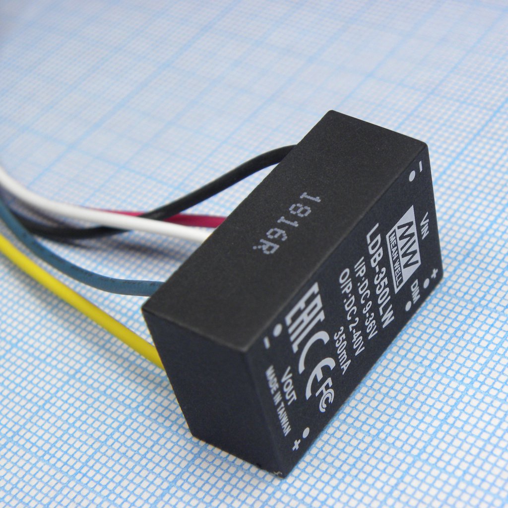 LDB-350LW - DC/DC LED повышающий/понижающий, вход 9…36В, выход 2…40В/0.35А, КПД до 91%, вход On/Off/DIMM, 31.8x20.3x12.2мм, проводные выводы, -40…71°C, пластик