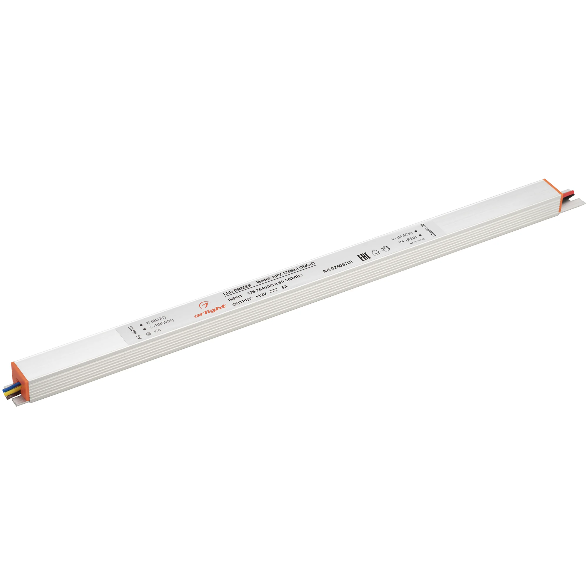 Блок питания ARV-12060-LONG-D (12V, 5A, 60W) 024097(1) - Источник напряжения с гальванической развязкой для светодиодных изделий. Входное напряжение 200-240 VAC. Выходные параметры: 12 В, 5 А, 60 Вт. Встроенный PFC >0,5. Негерметичный алюминиевый корпус I
