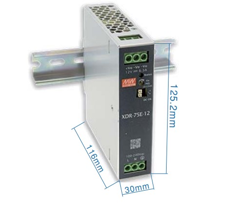 XDR-75E-48 - Преобразователь AC-DC на DIN-рейку 75Вт, выход 48В/1.6A, рег. вых 48…55В, вход 85…264В AC, 47…63Гц /120…370В DC, DC OK, изоляция 4000В AC, 30х125,2х116мм, -40…+70°С