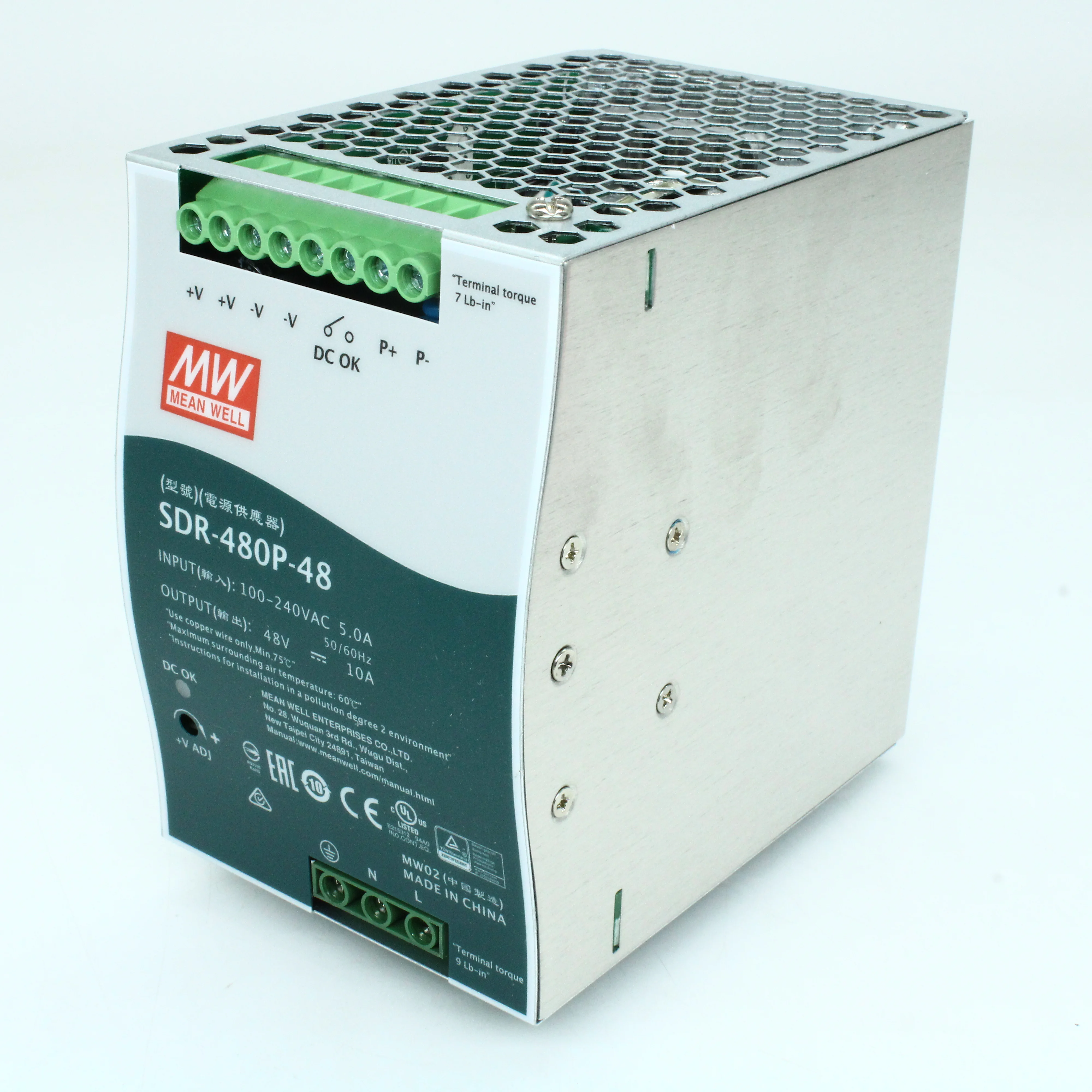 SDR-480P-48 - Преобразователь AC-DC на DIN-рейку  480Вт, выход 48В/0...10A, рег.вых=48...55В, вход 90…264VAC, 47…63Гц / 127…370VDC, изоляция 3000V AC, в кожухе : 85.5х125.2х128.5мм, -25…+70°С, возможность параллельного подключения