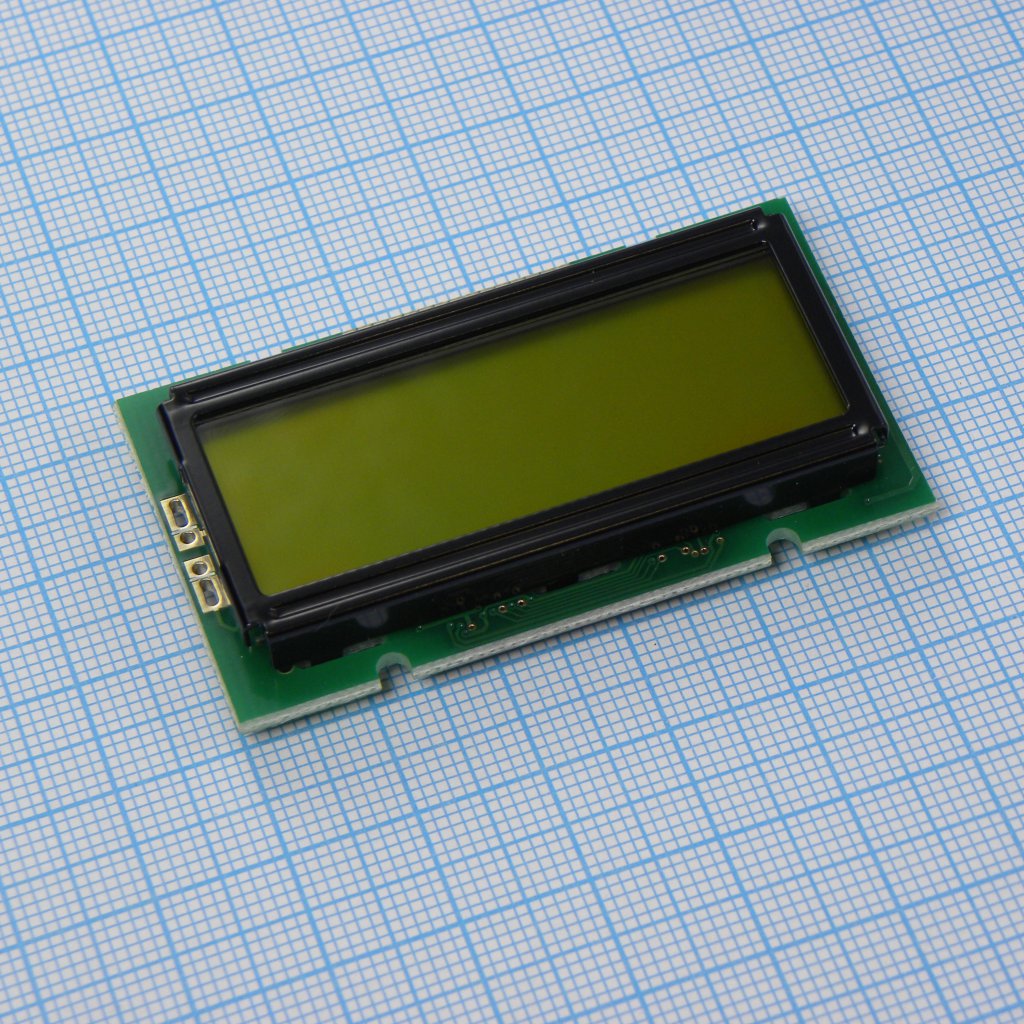 WH1202A-YGH-CT# - ЖКИ знакосинтезирующий 12 x 2, STN Серый Позитивный/прозрачно-отражающий светодиодная подсветка желто-зеленая размер 58x32 мм, видимая область 46х14.5 мм, питание 5В, -20...70°C, контактные площадки снизу 15 выводов