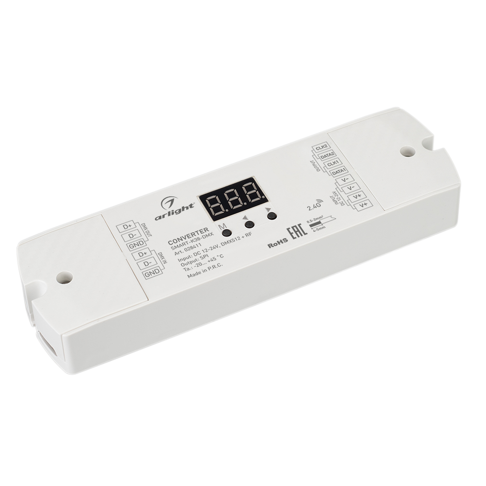 Конвертер SMART-K38-DMX (12-24V, SPI, 2.4G) 028411 - Конвертер сигнала DMX512 в SPI. Вход - DMX512+RF 2.4GHz, выход SPI (TTL), напряжение питания DC 12-24V. Максимально 1024 пикселей. На корпусе цифровой монитор. Габариты 170х50х23 мм. Совместим с пультам