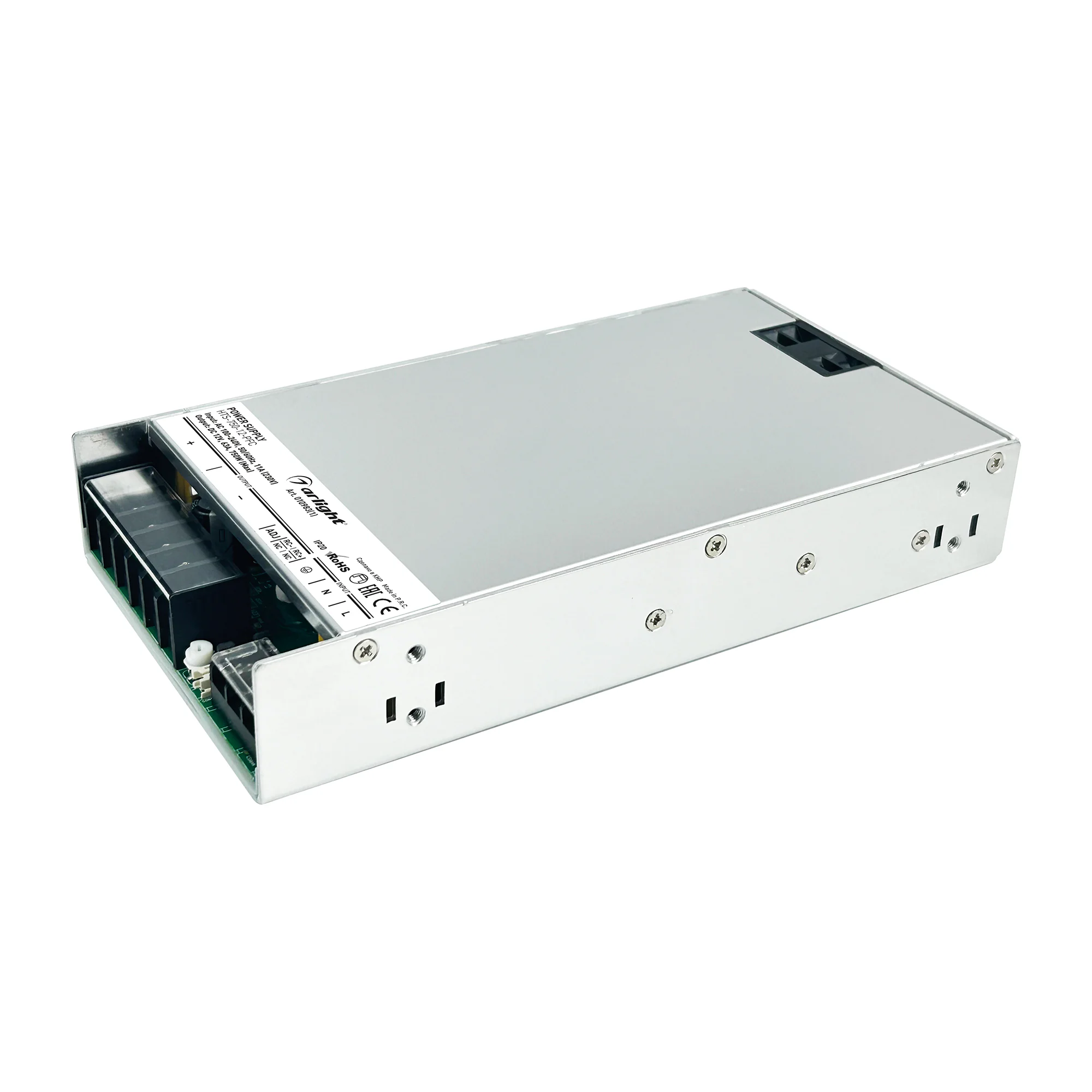 Блок питания HTS-750-12-PFC (12V, 63A, 750W) 010983(1) - Источник напряжения с гальванической развязкой для светодиодных изделий. Входное напряжение 100-240 VAC. Выходные параметры: 12 В, 63 А, 750 Вт. Встроенный PFC >0,95. Негерметичный алюминиевый сетча