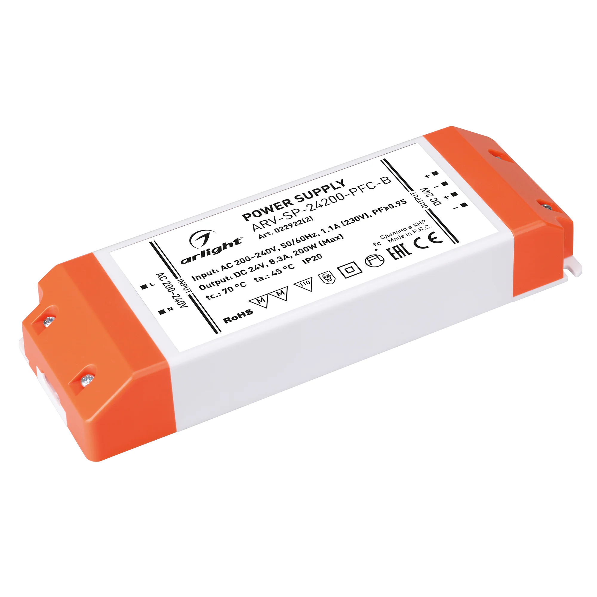 Блок питания ARV-SP-24200-PFC-B (24V, 8.3A, 200W) 022922(2) - Источник напряжения с гальванической развязкой для светодиодных изделий. Входное напряжение 200-240 VAC. Выходные параметры: 24 В, 8.3 А, 200 Вт. Встроенный PFC >0.95. Негерметичный пластиковый