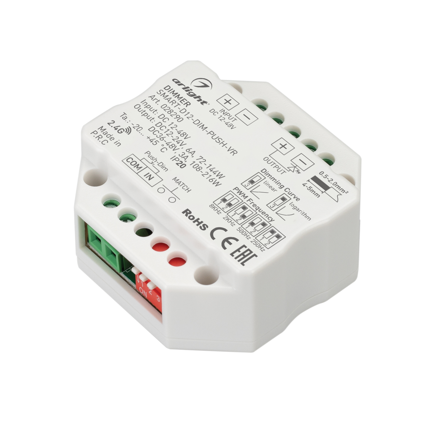 Диммер SMART-D12-DIM-PUSH-VR (12-48V, 1x6A, 2.4G) 028290 - Диммер для монохромной светодиодной ленты (ШИМ) с функцией Push-Dim. Изменяемая частота ШИМ (250Hz-8KHz), выбор типа диммирования (линейное либо логарифмическое). Питание/рабочее напряжение 12-48V
