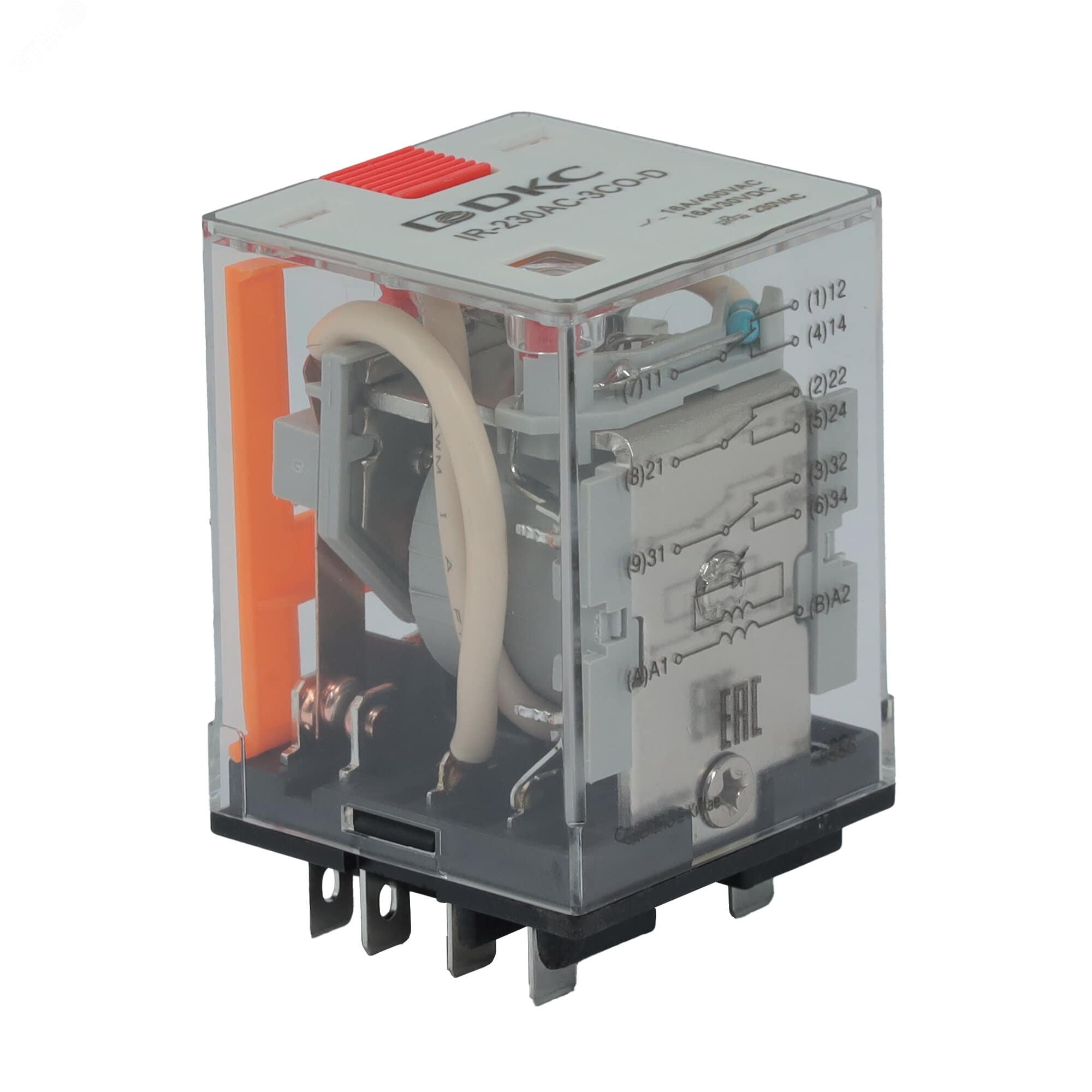 Реле миниатюрное силовое, 3CO, ком. ток 16А, AgSnO, напряжение 230V AC,опция: тест-кнопка+светодиод IR-230AC-3CO-D