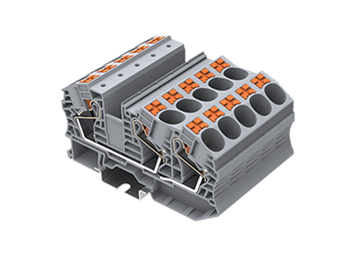 Проходная клемма TP16-3-GY - Проходная клемма, 3 точки подключения, тип фиксации провода: push-in, номинальное сечение: 16 мм кв., 76A, 1000V, ширина: 12,2 мм, цвет: серый, тип монтажа: DIN 35