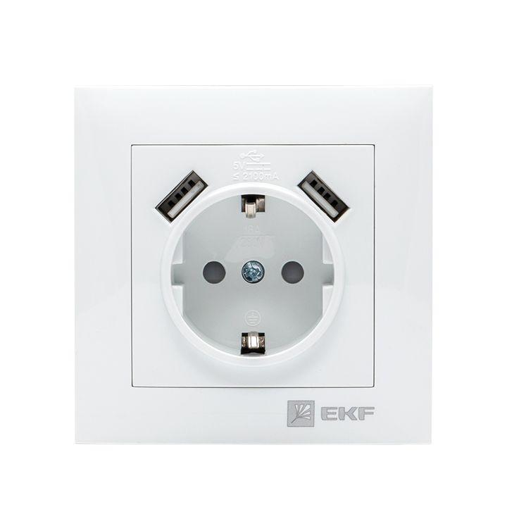 Розетка 1-м СП Валенсия 16А IP20 с заземл. защ. шторки с 2-мя заряд. устройствами USB 2.1А бел. PROxima EWR16-028-10-2USB