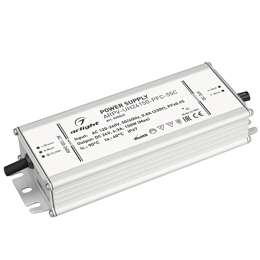 Блок питания ARPV-UH24150-PFC-55C (24V, 6.3A, 150W) 025045 - Источник напряжения с гальванической развязкой для светодиодных изделий. Предназначен для работы в условиях Крайнего Севера с запуском до -55С. Входное напряжение 120-240 VAC. Выходные параметры