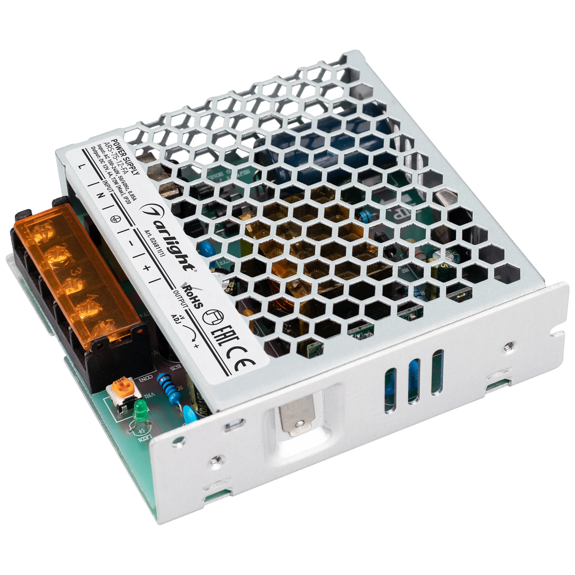Блок питания ARS-75-12-FA (12V, 6A, 72W) 026811(1) - Источник напряжения с гальванической развязкой для светодиодных изделий. Входное напряжение 100-240 VAC. Выходные параметры: 12 В, 6 А, 72 Вт. Встроенный PFC >0,5. Негерметичный алюминиевый сетчатый кор
