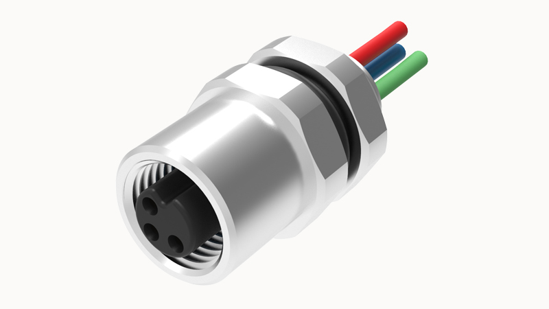 Розеточный разъем SD-M5A-03P-FF-SH7A50 - Розеточный разъем в панель, 3 полюса, M5, гайка сзади, с проводом, A-Code, сечение проводовников: 0.25 мм кв., (цвет проводовников: коричневый, синий, черный), 1A 60V, M5*0.5, металл