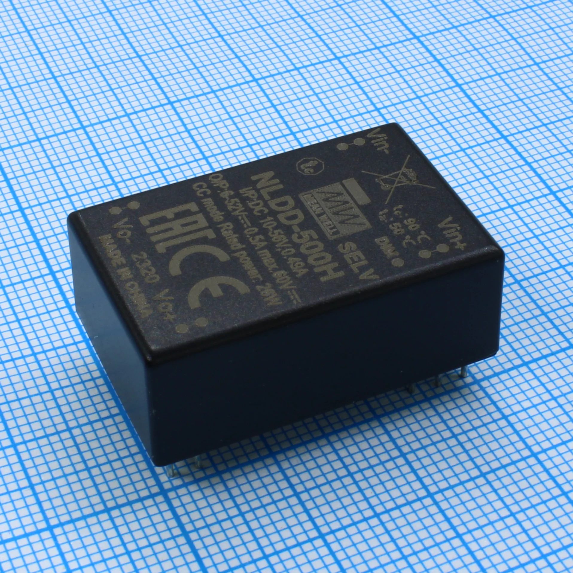 NLDD-500H - DC/DC LED понижающий, вход 10…56В, выход 6…52В/0.5А, КПД до 96%, вход On/Off/DIMM, 32.1x20.5x12.5мм, в плату, -40…50°C, пластик