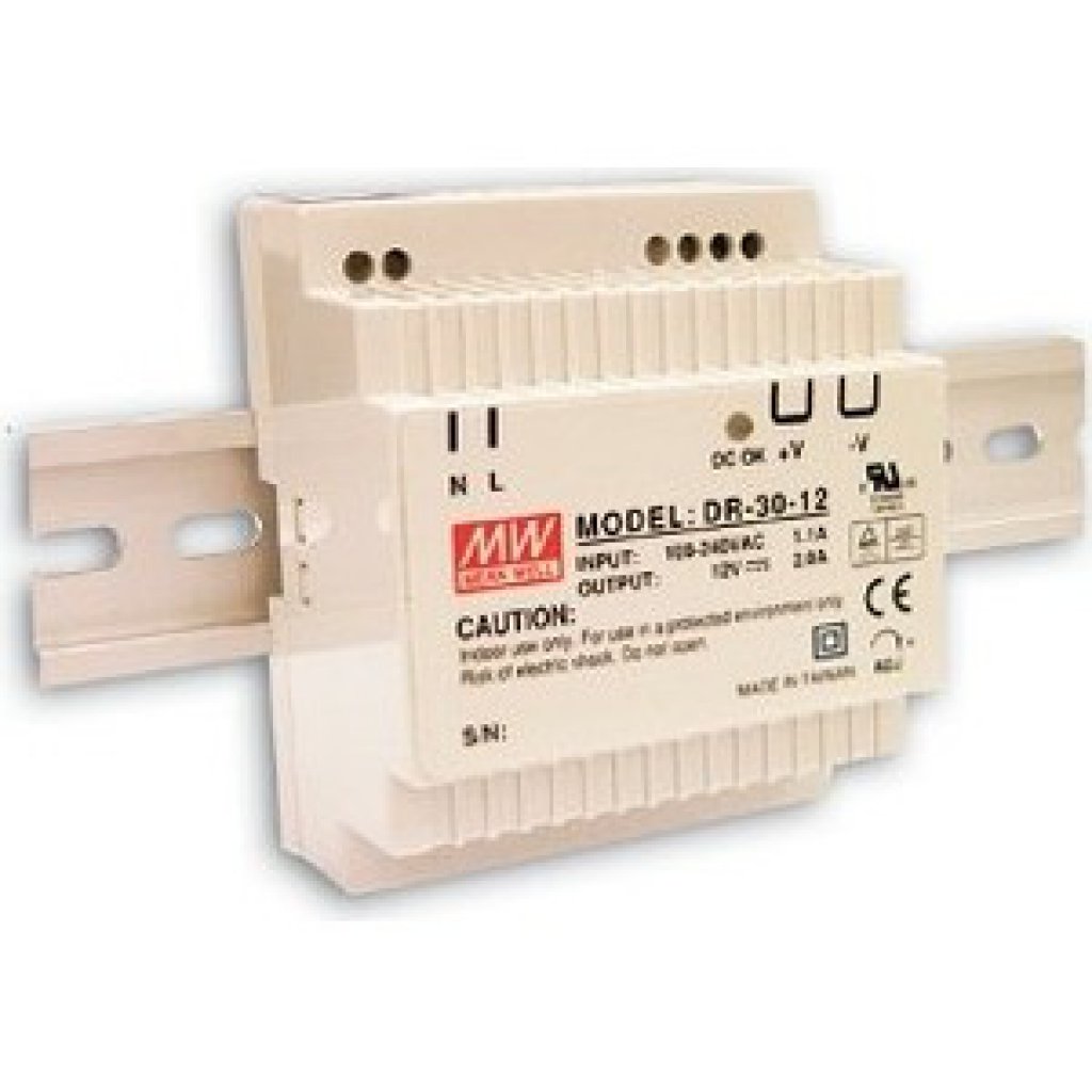 DR-30-12 - Преобразователь AC-DC на DIN-рейку  24Вт, выход 12В/0…2A, рег. вых=±10%Uном, вход 85…264V AC, 47…63Гц /120…370В DC, изоляция 3000В AC, в кожухе  78х93х56мм, -20…+60°С