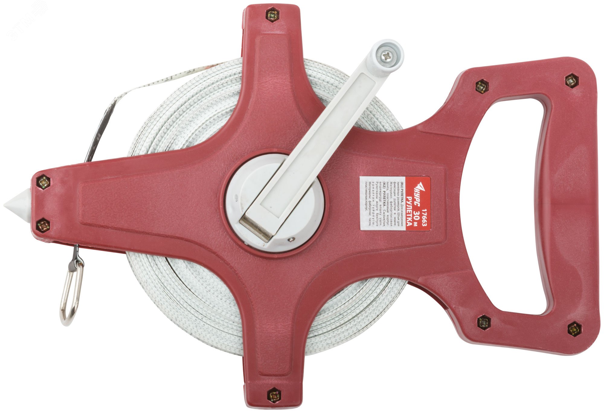 Рулетка землемерная, красный открытый корпус, фибергласовая лента 30 м 17663