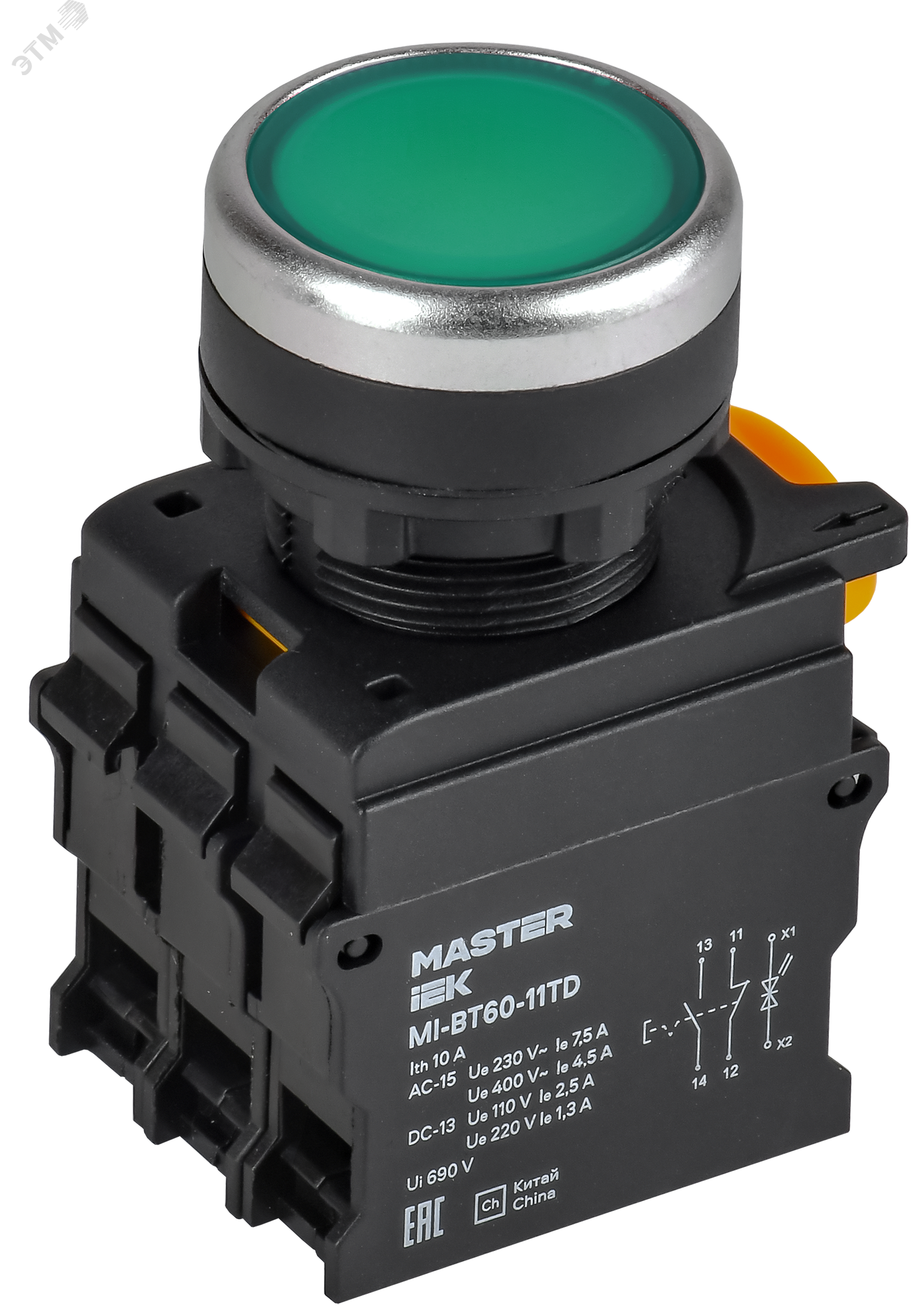 Кнопка с подсвет. и фикс. d=22мм 1NO+1NC зел-ная MASTER IEK MI-BT60-11TD-3-11-K06