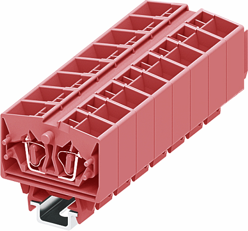 Клемма мини 254399 - Мини клемма, верхний подвод кабеля, 4 точки подключения в клемме, тип фиксации провода: пружинный, номинальное сечение: 2,5 мм кв., 24A, 800V, цвет: розовый, тип монтажа: DIN15