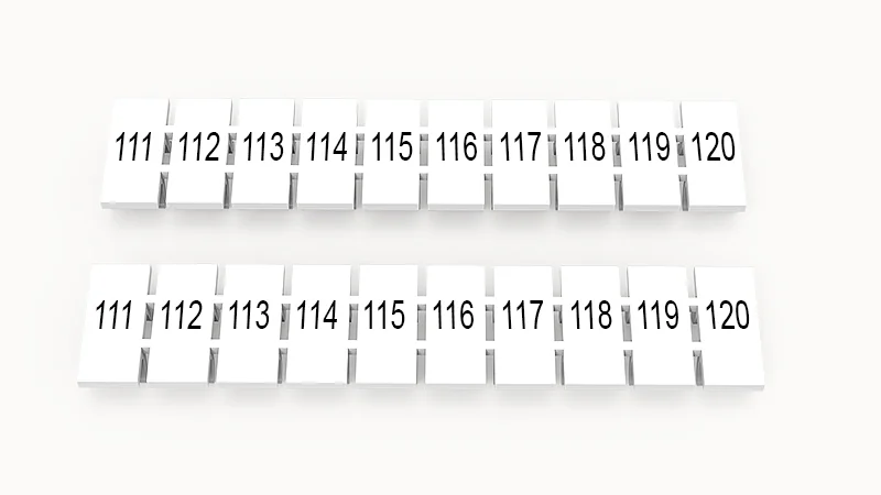 Марк.  полоска ZB6-10P-19-23Z(H) - Маркировочные шильдики для клемм WS…, DC…, PC…, сечением 4 мм кв., центральная, 10 шильдиков нанесенные символы: 111-120, с вертикальным расположением, размер шильдика: 5,55х10,7 мм, цвет белый