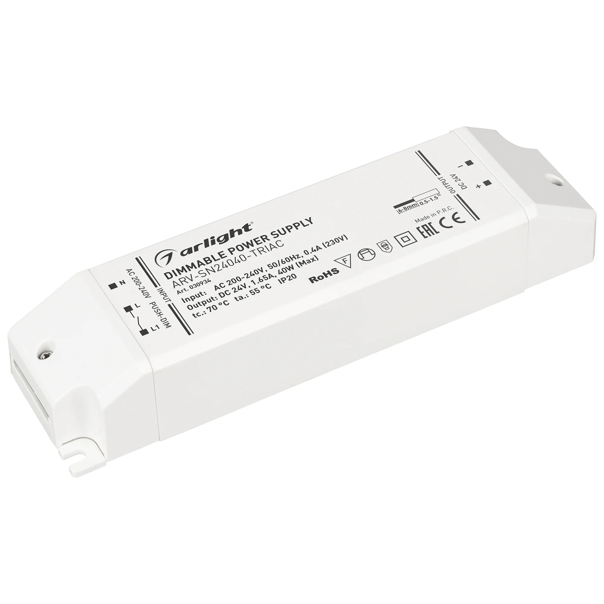 Блок питания ARV-SN24040-TRIAC (24V, 1.65A, 40W) 030934 - Диммируемый источник напряжения по стандарту TRIAC с гальванической развязкой для светодиодных изделий. Входное напряжение 200-240 VAC. Выходные параметры: 24 В, 1.65 А, 40 Вт. Негерметичный пласти