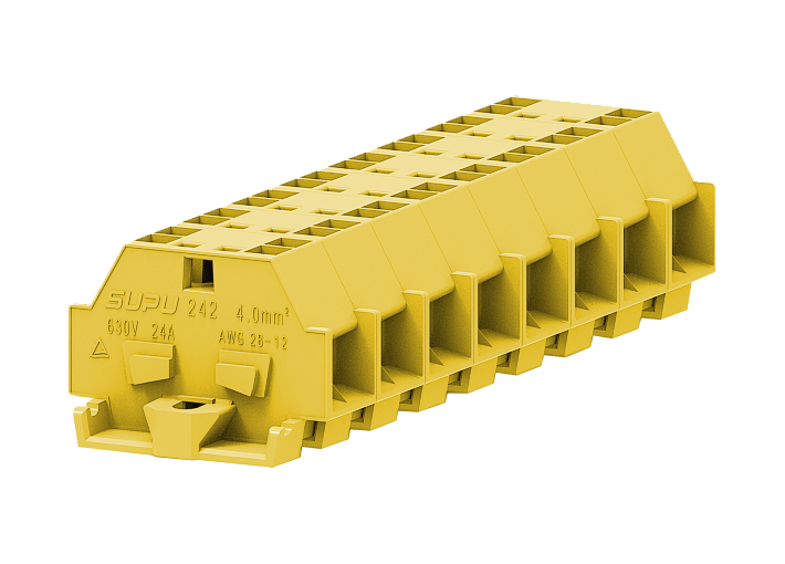 Клемма мини 242335 - Мини клемма, боковой подвод кабеля, 4 точки подключения в клемме, тип фиксации провода: пружинный, номинальное сечение: 4 мм кв., 24A, 630V, цвет: желтый, тип монтажа: монтажные фланцы