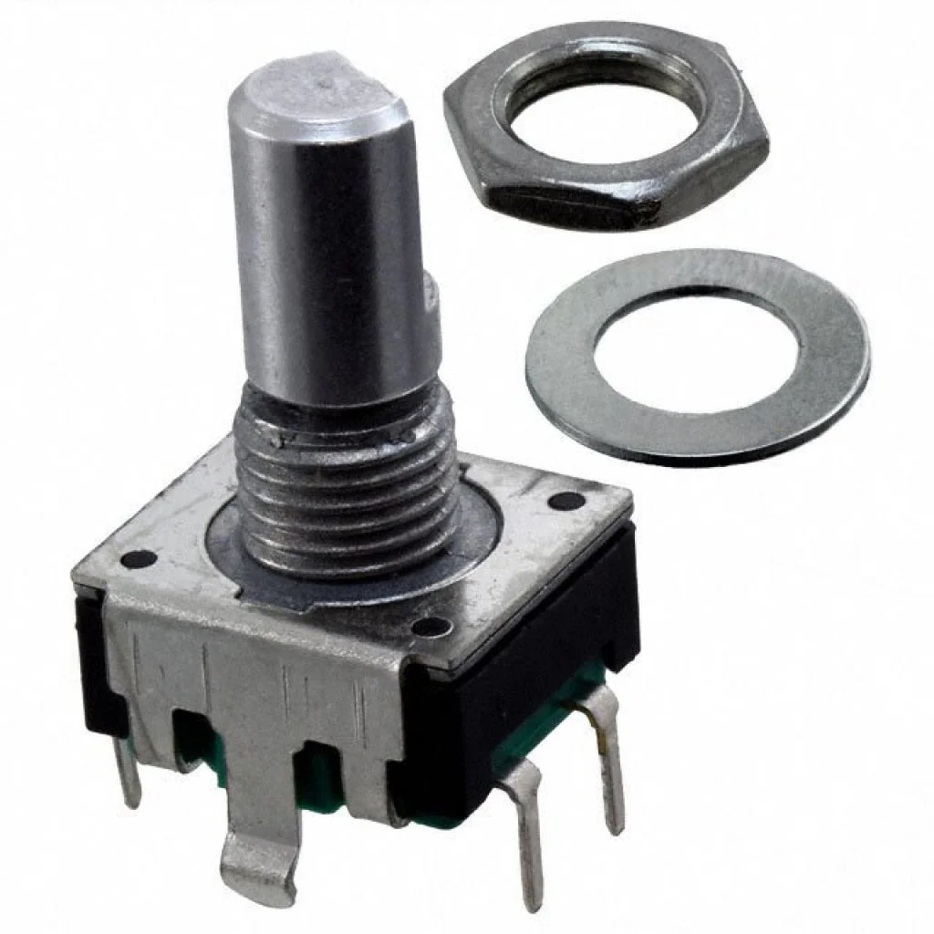 PEC11R-4215F-S0024 - Энкодер PEC11, 24 щелчка, 24 импульса, металлический вал с лыской 15мм, с кнопкой, горизонтальные выводы, крепление на гайку 7мм