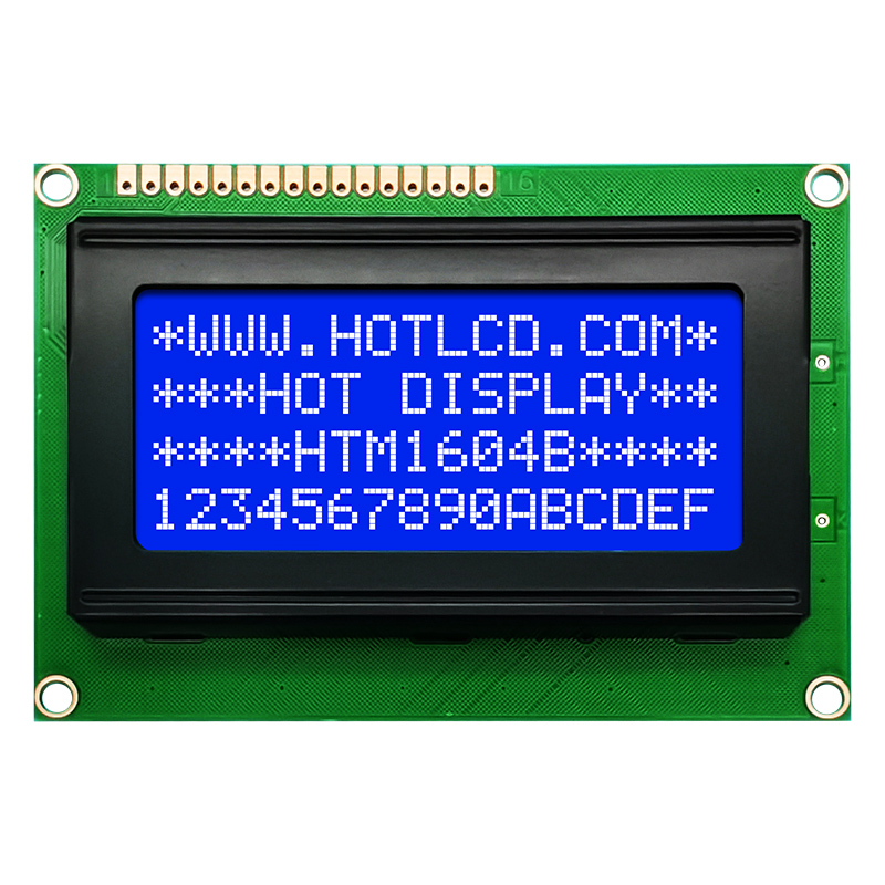 HTM1604B-25W-T5P 12H - ЖКИ знакосинтезирующий 16 x 4, STN Синий Негативный/прозрачный, светодиодная подсветка белая, размеры 87x60 мм, видимая область 62x27 мм, питание 5В, -20...70°C, 12 o`clock, 16 контактов сверху