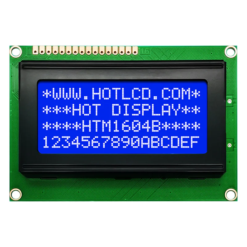 HTM1604B-25W-T5P 12H - ЖКИ знакосинтезирующий 16 x 4, STN Синий Негативный/прозрачный, светодиодная подсветка белая, размеры 87x60 мм, видимая область 62x27 мм, питание 5В, -20...70°C, 12 o`clock, 16 контактов сверху