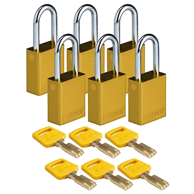 gws150219 - Замки SafeKey алюминиевые со стальной дужкой, высота дужки – 38 мм, диаметр дужки – 6.4 мм, алюминиевый корпус, размеры корпуса – 46х38х19 мм, цвет – желтый, 6 шт/упак