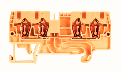 Клемма DUO_ WKFN 2,5 D2/2/35 ORANGE - Проходная клемма, 4 точки подключения, тип фиксации провода: пружинный, номинальное сечение: 2,5 мм кв., 24A, 800V, ширина: 5 мм, цвет: оранжевый, тип монтажа: DIN 35