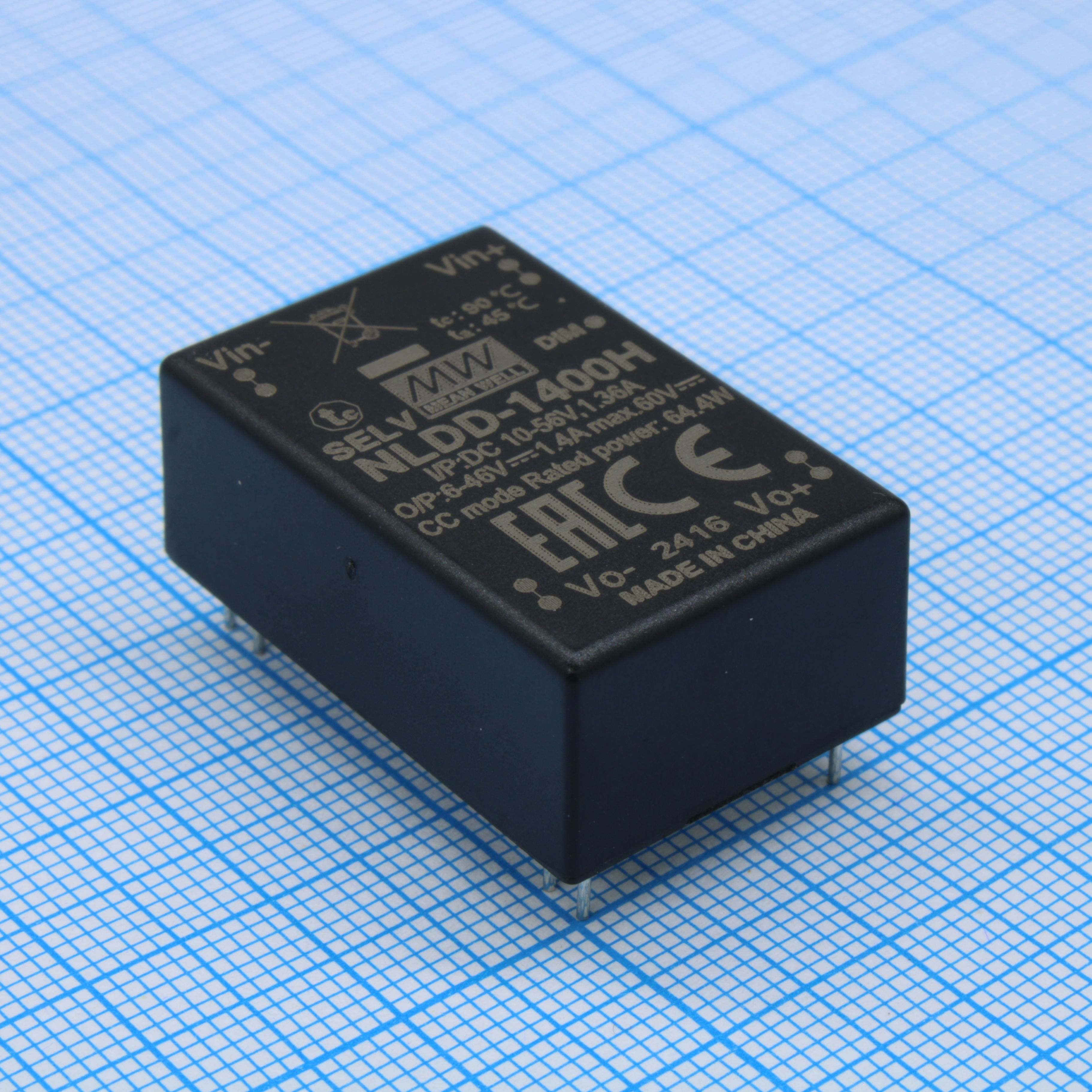 NLDD-1400H - DC/DC LED понижающий, вход 10…56В, выход 6…46В/1.4А, КПД до 95%, вход On/Off/DIMM, 32.1x20.5x12.5мм, в плату, -40…50°C, пластик