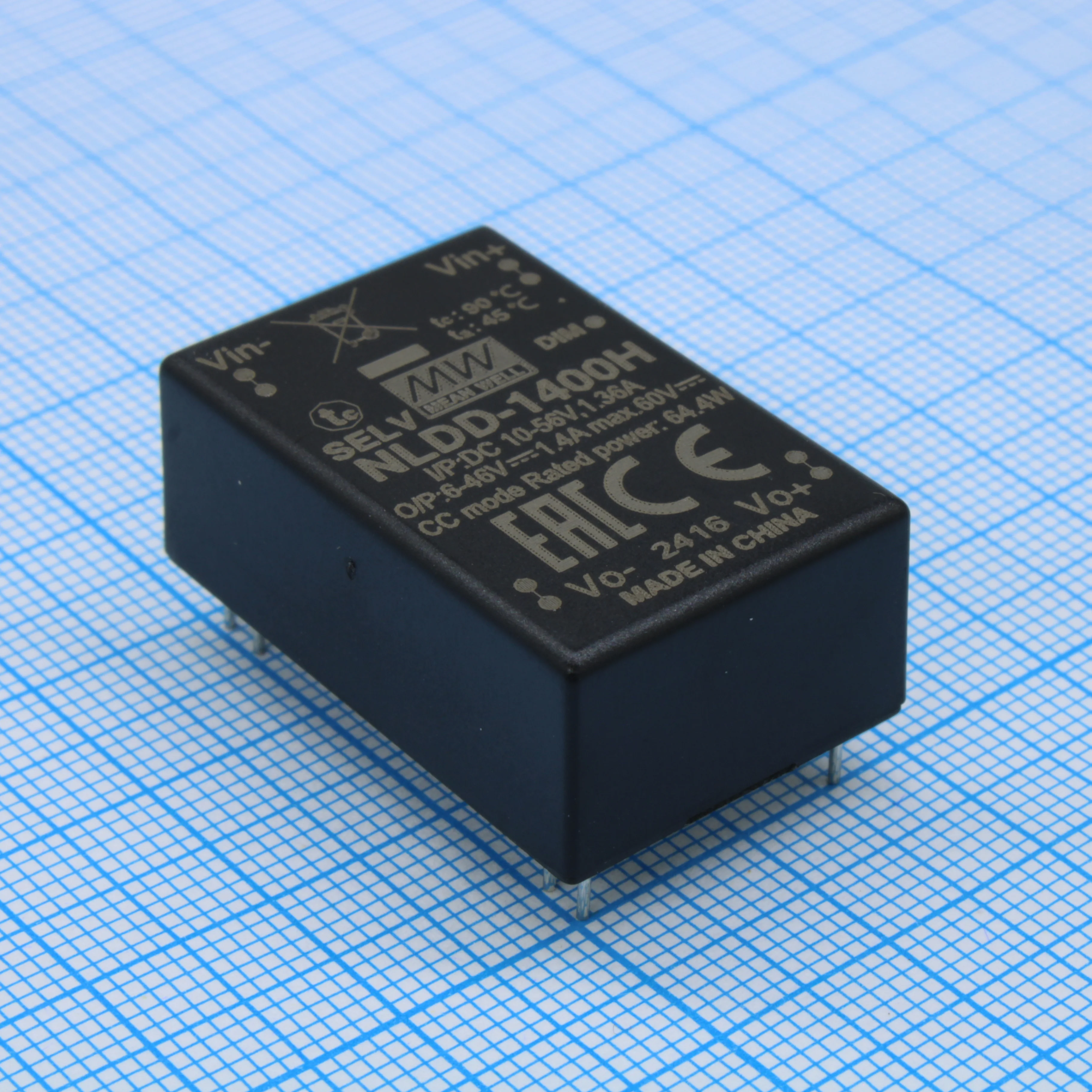 NLDD-1400H - DC/DC LED понижающий, вход 10…56В, выход 6…46В/1.4А, КПД до 95%, вход On/Off/DIMM, 32.1x20.5x12.5мм, в плату, -40…50°C, пластик