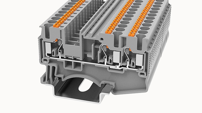 Проходная клемма DS2.5-TW-01P-11 - Проходная клемма, 3 точки подключения, тип фиксации провода: Push-in, номинальное сечение: 2.5 мм кв., 24A, 800V, ширина: 5,2 мм, цвет: серый, втычная перемычка, тип монтажа: DIN35