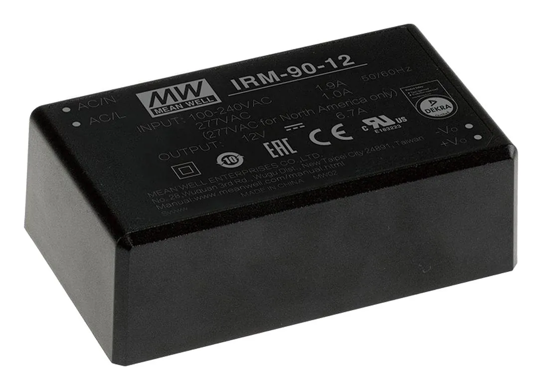 IRM-90-12 - AC-DC, 80.4Вт, вход 80…305В AC 47…63 Гц, выход 12В/6.7А, изоляция 4000В AC, в корпусе на плату 87x52x29.5мм, -30...+80°C