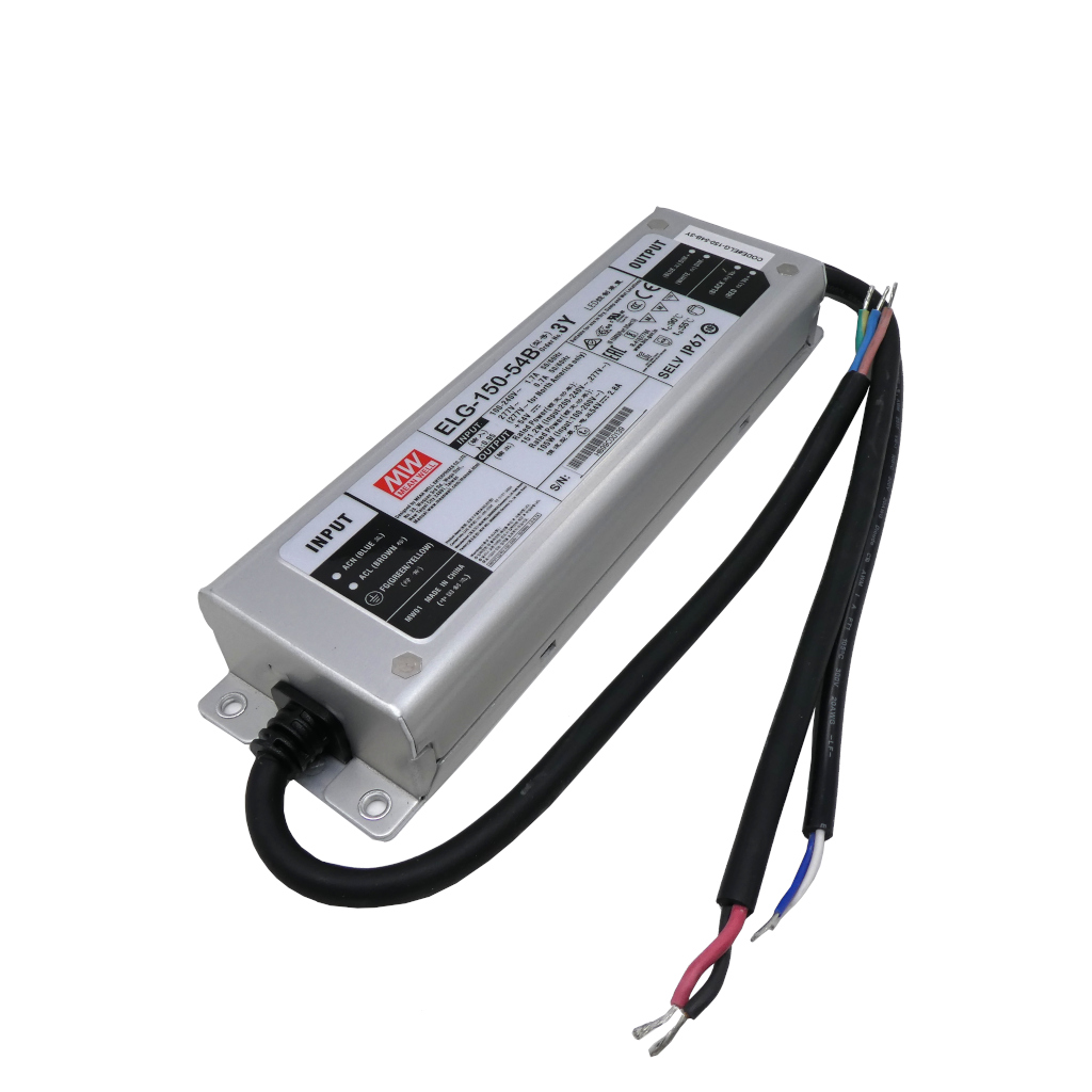 ELG-150-54B-3Y - AC-DC, 150Вт, IP67, вход 100…305В AC, 47…63Гц/142…431В DC, ККМ, выход 27...54В/2.8А, изоляция 3750В AC, в кожухе 199х63х35,5мм, -40…+70°С, димминг 3 в 1, с проводом заземления