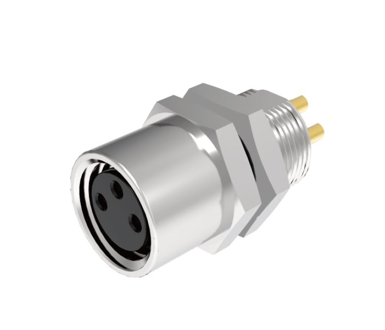 Розеточный разъем в панель M8A03C-FPSFHUA - Розеточный разъем в панель, 3 полюса, M8, гайка сзади, вывод под пайку, A-Code, 3А, 60V, резьба на гайке M8*0.5, резьбовое соединение: латунь, неэкранированный