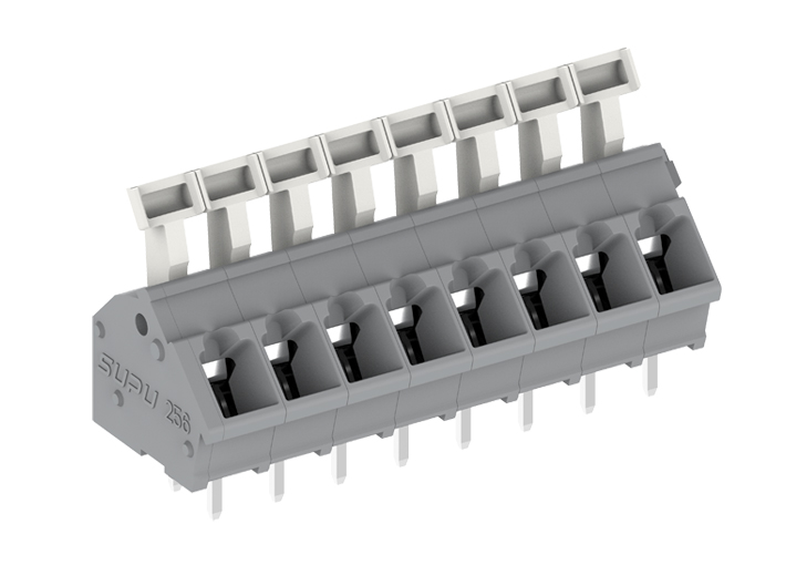 Клемма на плату 256304 - Клемма, подвод кабеля 45 град., на плату, шаг: 5.0 мм, 4 полюса, фиксация провода push-in, исполнение: два вывода на контакт, рычажный зажим, 320V, 24A, цвет: серый