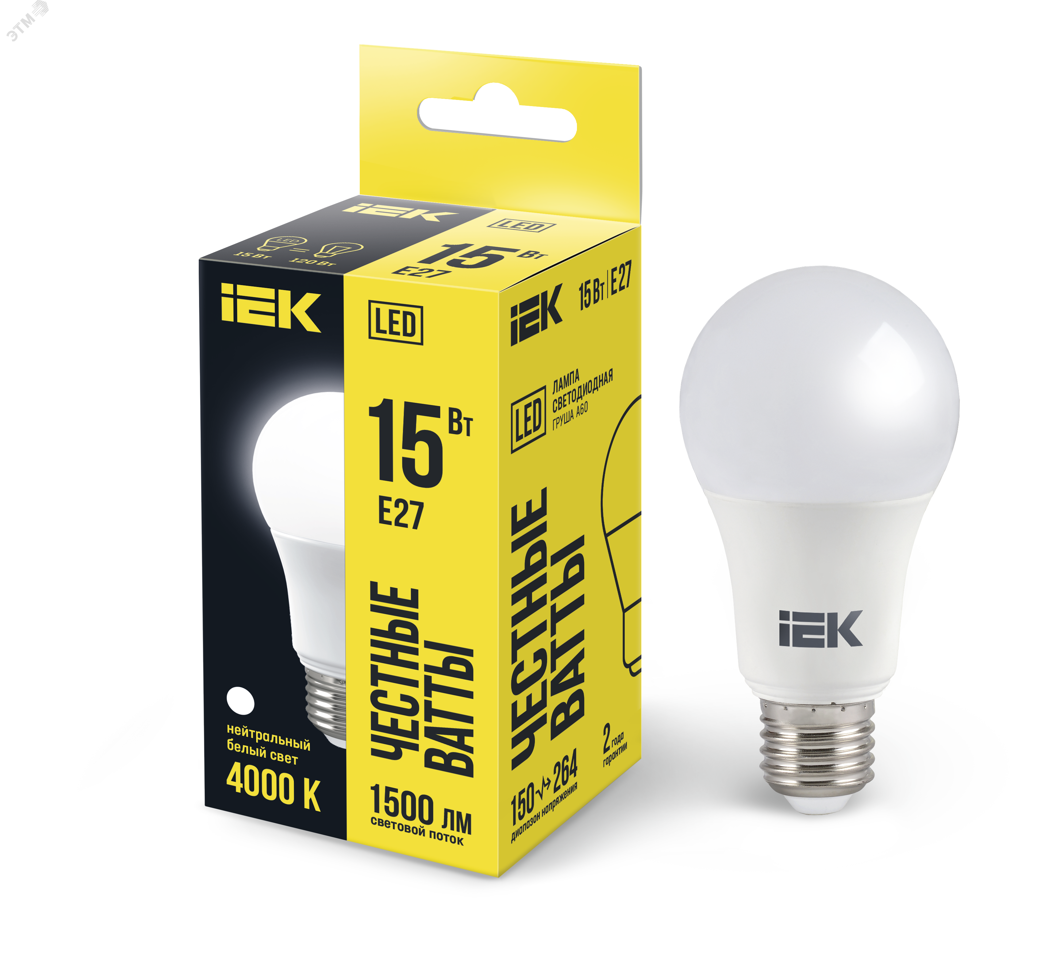 Лампа светодиодная Eco 15Вт A60 шар грушевидная 4000К нейтр. бел. E27 230В IEK LLE-A60-15-230-40-E27