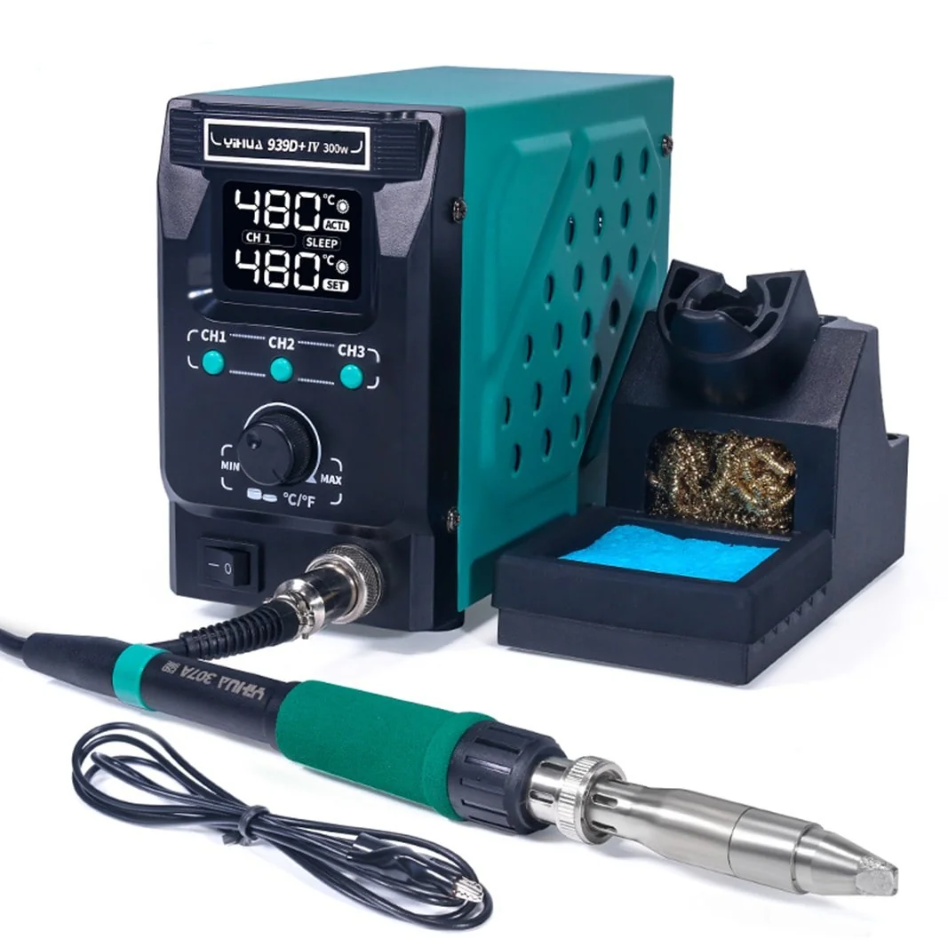YIHUA 939D+-IV 300W - Паяльная станция 300Вт, регулировка температуры нагрева 200°C~480°C, в комплекте с подставкой и губкой для чистки жала