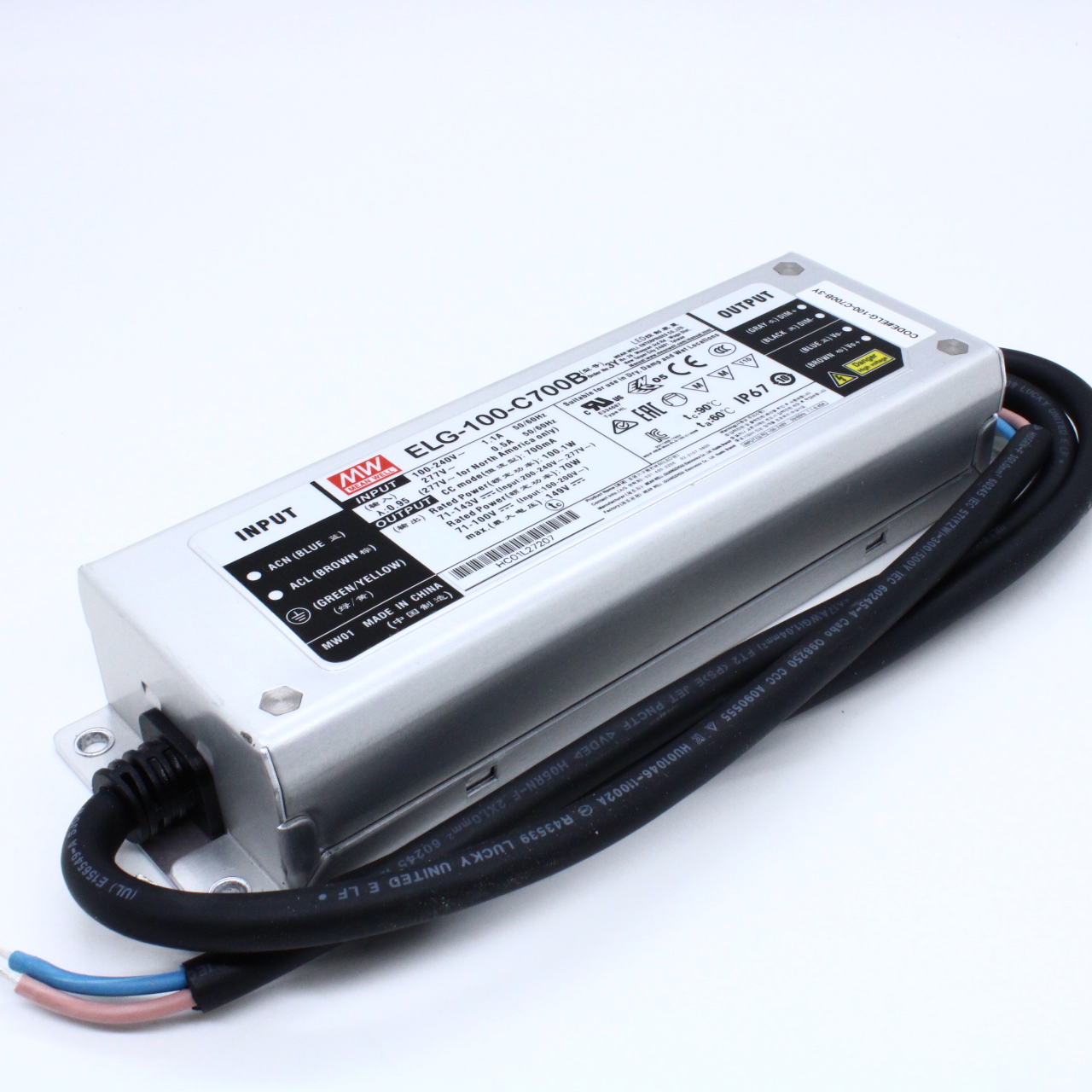 ELG-100-C700B-3Y - AC-DC, 100.1Вт, IP67, вход 100…305В AC, 47…63Гц/142…431В DC, ККМ, выход 71…143В/700мА, изоляция 3750В AC, в кожухе 199х63х35.5, -40…+70°С, димминг 3 в 1, с проводом заземления