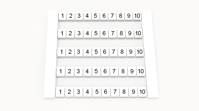 Марк. кассета DEK6-50P-19-63Z(H) - Кассета с шильдиками для клемм WS…, сечением 4 мм кв., боковая, 50 шильдиков, нанесенные символы: 1-10, 5 полосок, с вертикальным расположением, размер шильдика: 5,8х5,5 мм, цвет белый