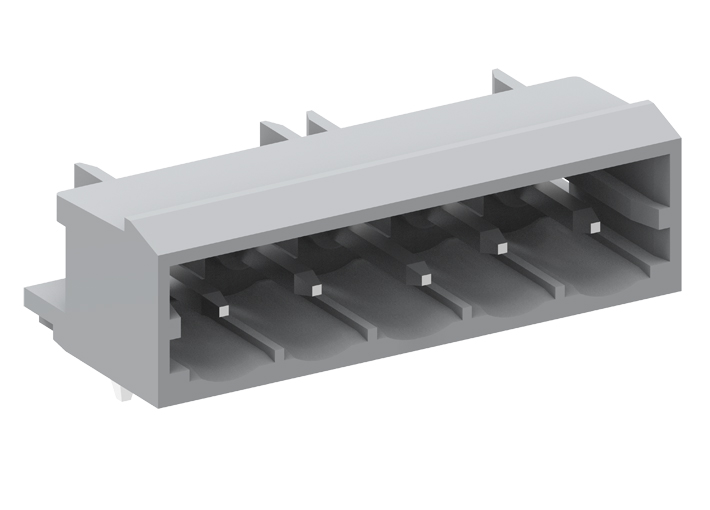 Вилочный разъем на плату 450304-00D - Вилочный разъем, горизонтальный, на плату, шаг: 5.0 мм, 4 полюса, фиксация на плате пайкой, исполнение: длина выводов 3,8 мм, 320V, 12A, цвет: серый