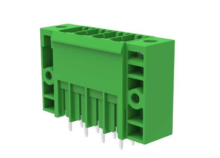 Вилочный разъем на плату MC-PHH7.62V11-F-0001 - Вилочный разъем, вертикальный, на плату, шаг: 7.62 мм, 11 полюсов, фиксация на плате пайкой, исполнение: три вывода на полюс, с монтажными фланцами, 630V, 41A, цвет: зеленый