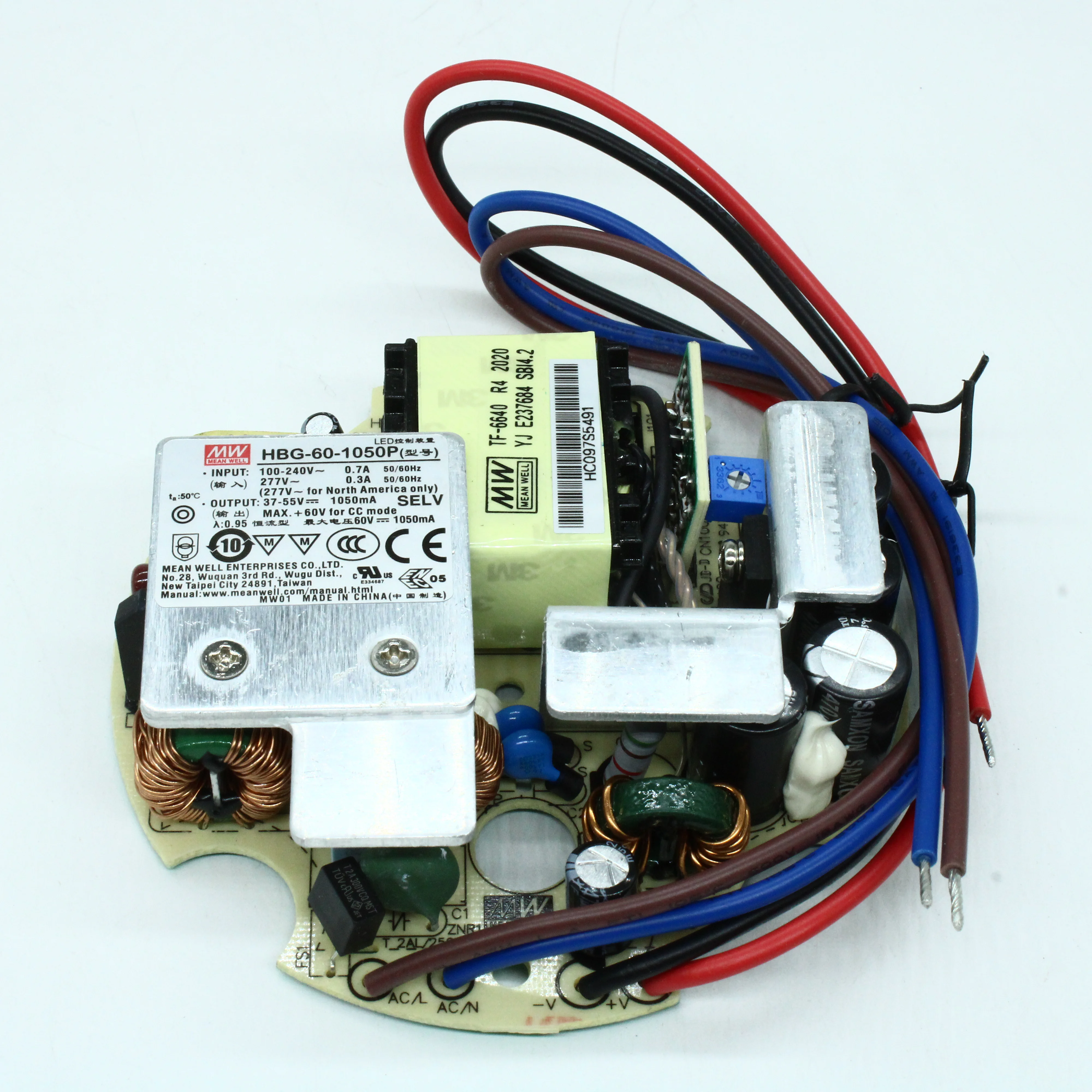 HBG-60-1050P - AC-DC, 57.8Вт, стабилизация тока, вход 90…295В AC, выход 1050мА/37...55В, изоляция 3750В AC, без корпуса 9926мм, -40…+70°С