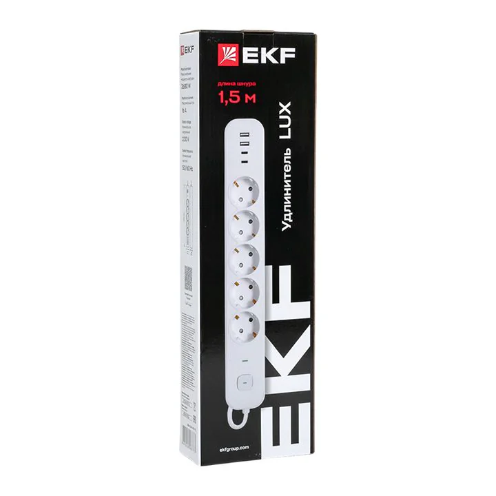 Удлинитель LUX 5 гнезд 2USB 2,4А+2type-C 1,5 метра 1,5мм2 EKF