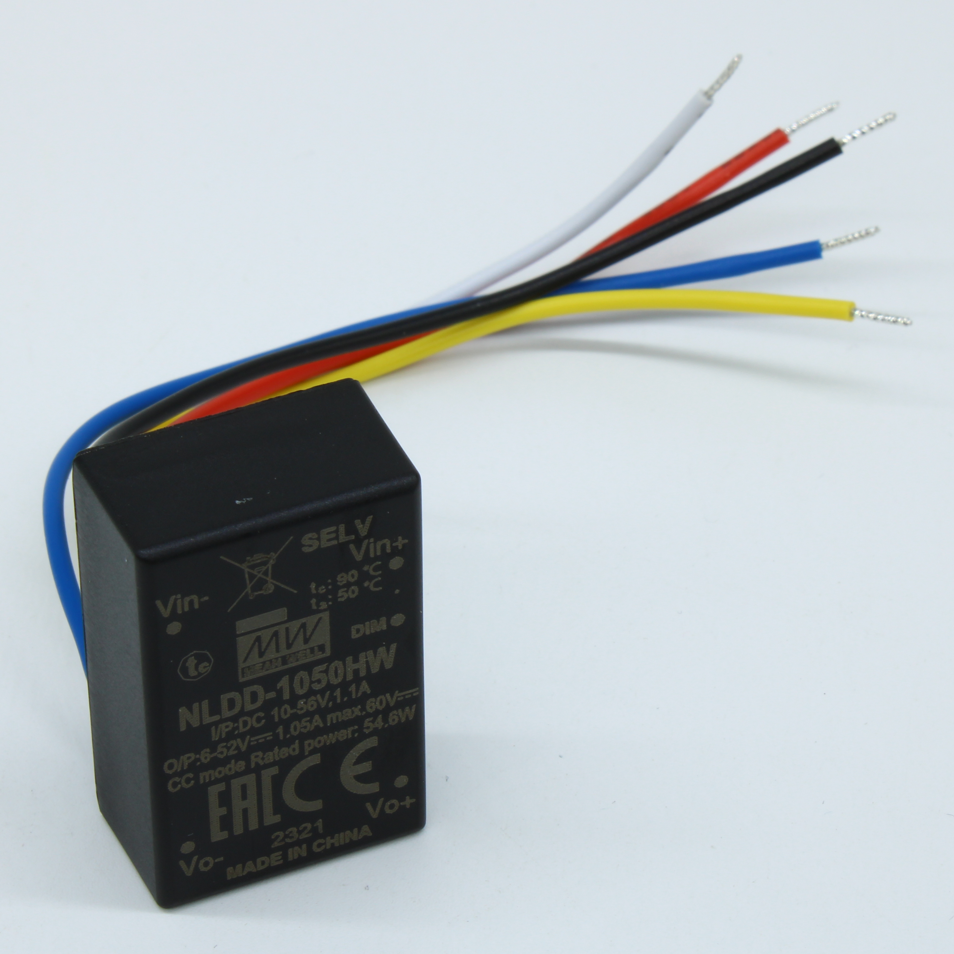 NLDD-1050HW - DC/DC LED понижающий, вход 10…56В, выход 6…52В/1.05А, КПД до 96%, вход On/Off/DIMM, 32.1x20.5x12.5мм, проводные выводы, -40…50°C, пластик