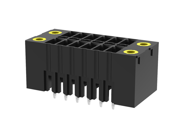 Вилочный разъем на плату MC-DPAN3.81V19-F-BK-2600 - Вилочный разъем, вертикальный, 2 этажа, на плату, шаг: 3.81 мм, 19х2 полюсов, фиксация на плате пайкой, исполнение: с монтажными фланцами, 160V, 8A, цвет: черный