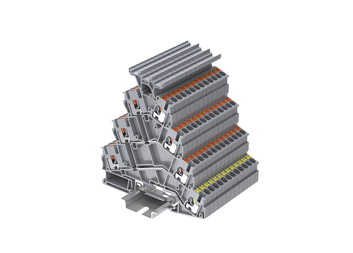 Этажная клемма TPFS2.5-2T-GY - Этажная клемма, с держателем маркировки, 3Х2+PE точек подключения, тип фиксации провода: push-in, номинальное сечение: 2,5 мм кв., 20A, 800V, ширина: 5,2 мм, цвет: серый, тип монтажа: DIN 35