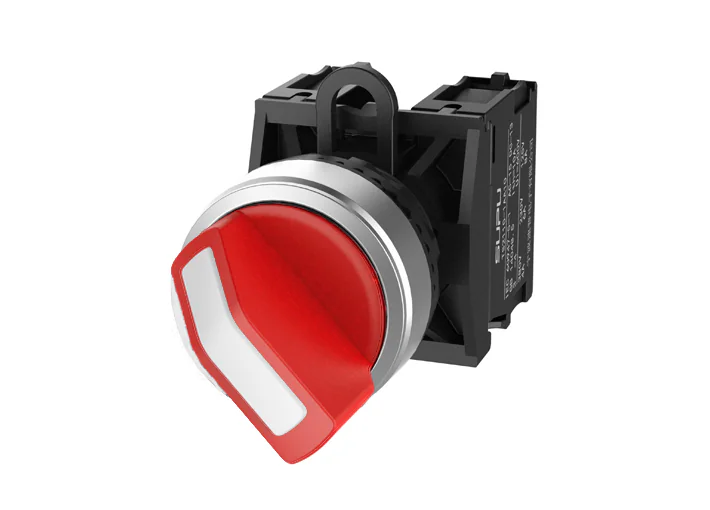 Селекторный переключатель (красный) TS2527-1AA10-S10 - Переключатель, короткая ручка, 2-х позиционный с самовозвратом, LED AC 220V, алюминиевое переднее кольцо, с мгновенным нажатием, с контактной группой 1NO, диаметр головки кнопки 29,5 мм, диаметр посад