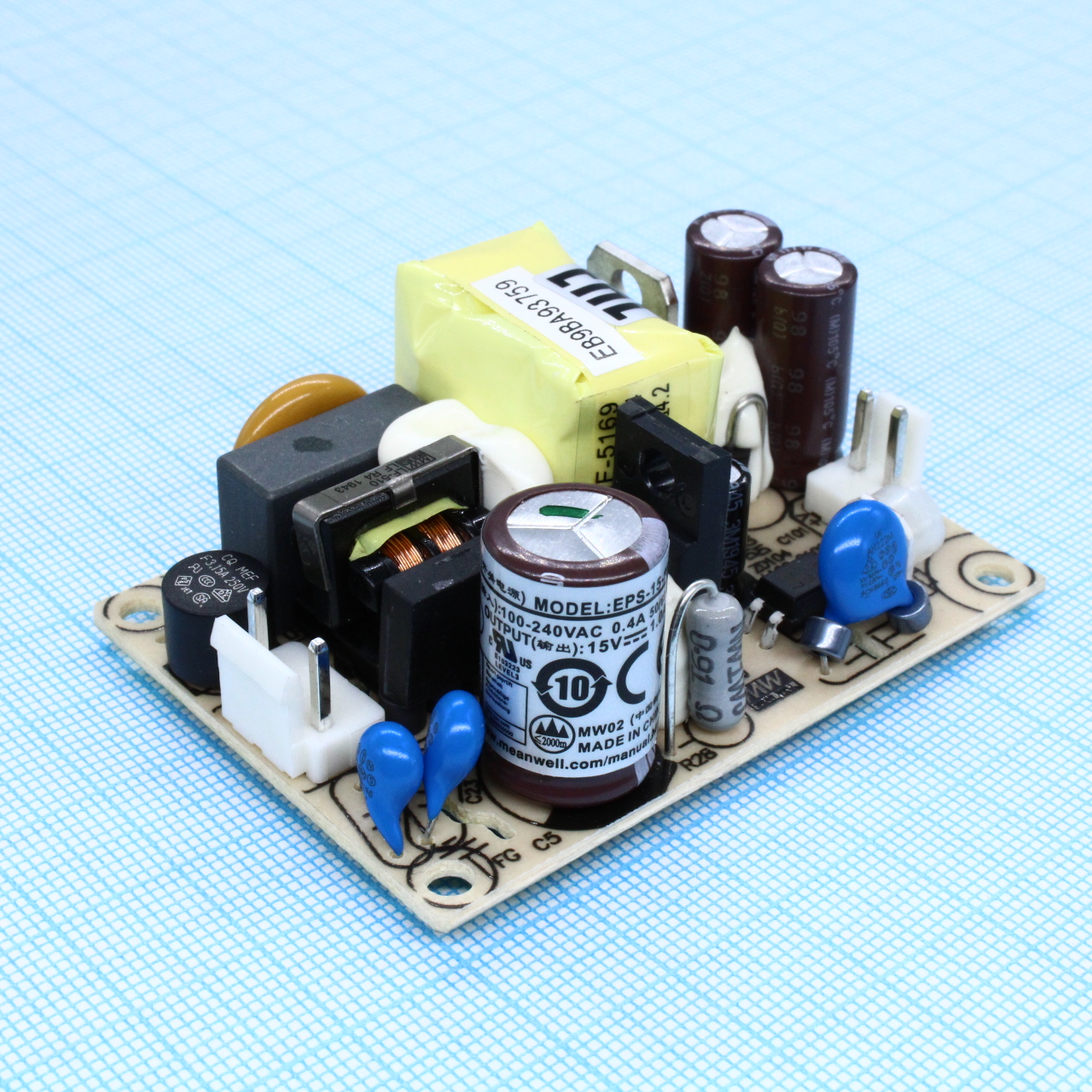 EPS-15-15 - AC-DC, 15Вт, мощность без нагрузки <0.3Вт, вход 85…264V AC, 47…63Гц /120…370В DC, выход 15В/1A,  изоляция 3000В AC, на плате 63.5х45.7х24мм, вход/выход разъемы JST, -30…+70°С